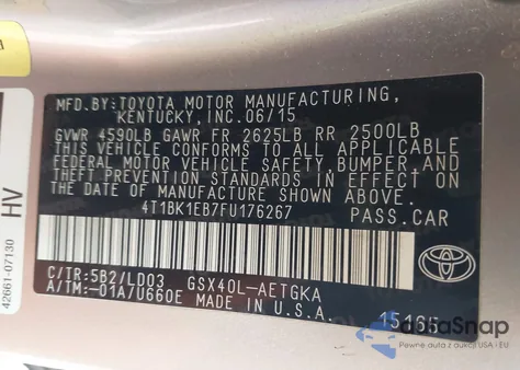 2015 Toyota Avalon Xle z USA, uszkodzony, nr VIN 4T1BK1EB7FU176267